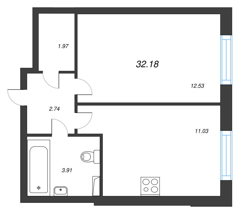 1-комнатная квартира, 32.18 м² - планировка, фото №1