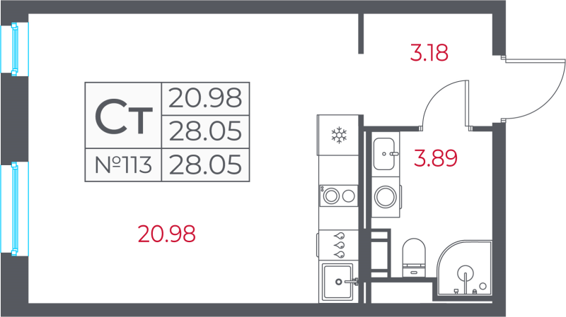 Квартира-студия, 28.05 м² в ЖК "Город-спутник Южный" - планировка, фото №1
