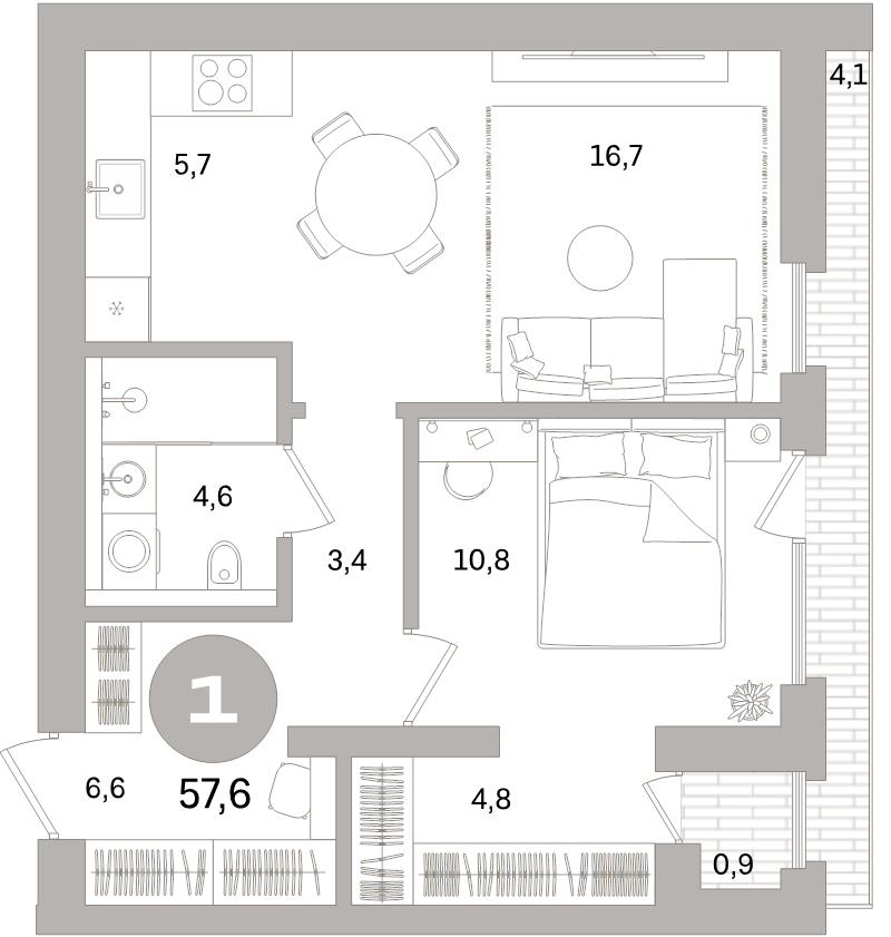 2-комнатная (Евро) квартира, 57.6 м² в ЖК "Северный ветер" - планировка, фото №1
