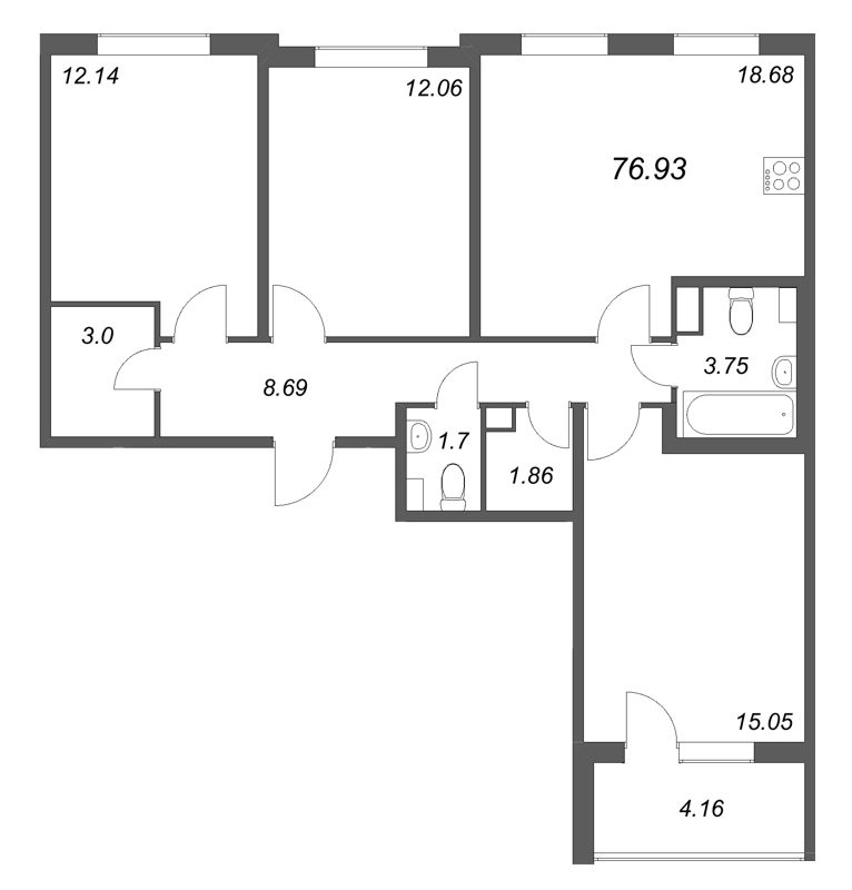 4-комнатная (Евро) квартира, 76.93 м² в ЖК "Любоград" - планировка, фото №1