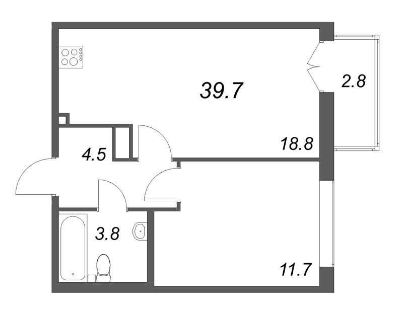 2-комнатная (Евро) квартира, 39.7 м² в ЖК "Кронунг ЮГ" - планировка, фото №1