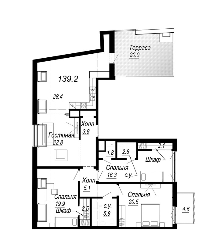 4-комнатная (Евро) квартира, 125.43 м² - планировка, фото №1