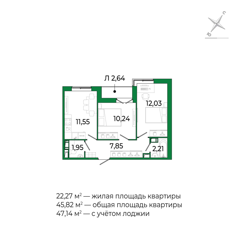 2-комнатная квартира, 47.14 м² в ЖК "Сертолово Парк" - планировка, фото №1