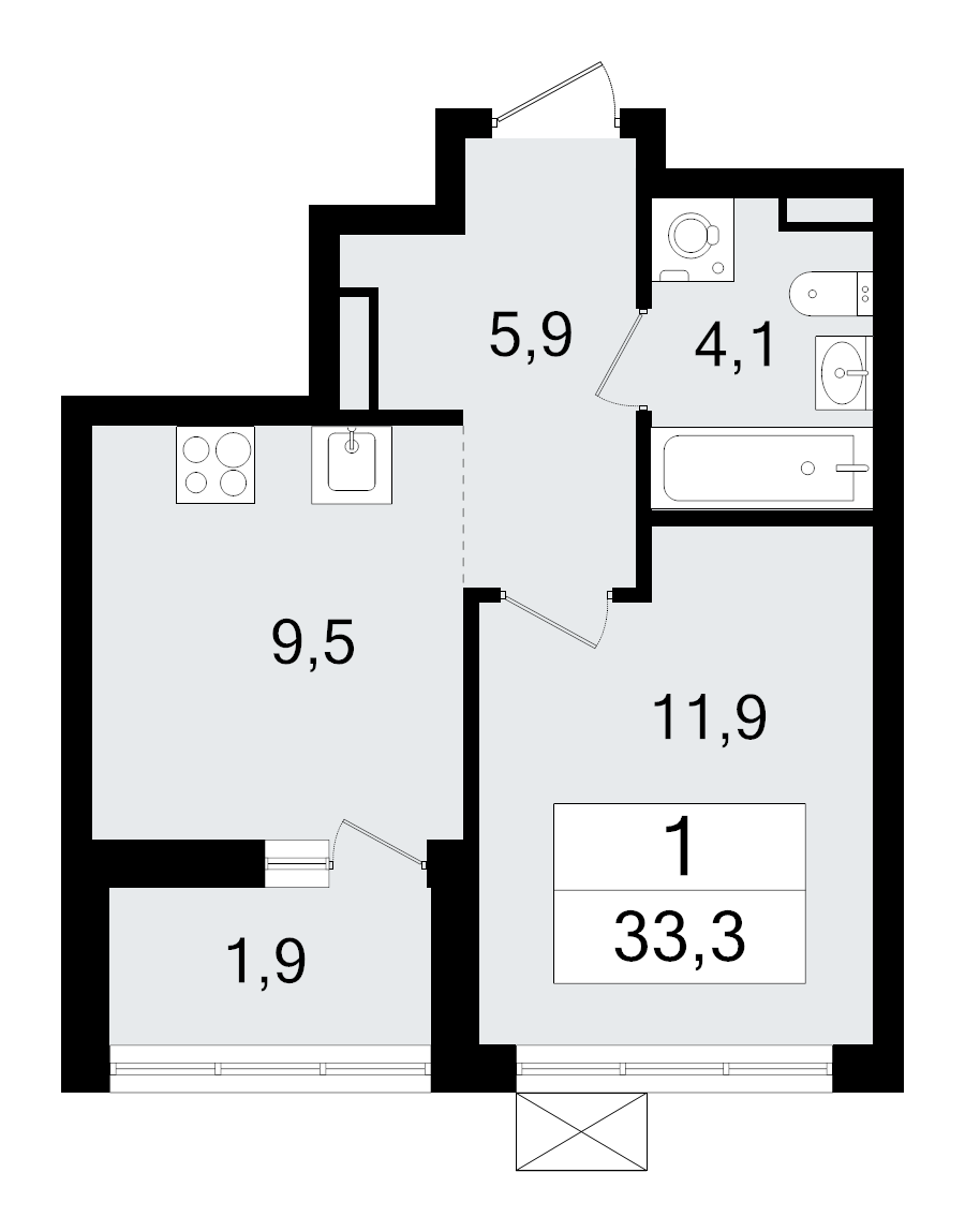 1-комнатная квартира, 33.3 м² - планировка, фото №1