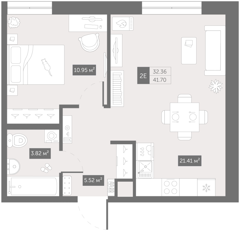 2-комнатная (Евро) квартира, 43 м² в ЖК "Зум Чёрная Речка" - планировка, фото №1