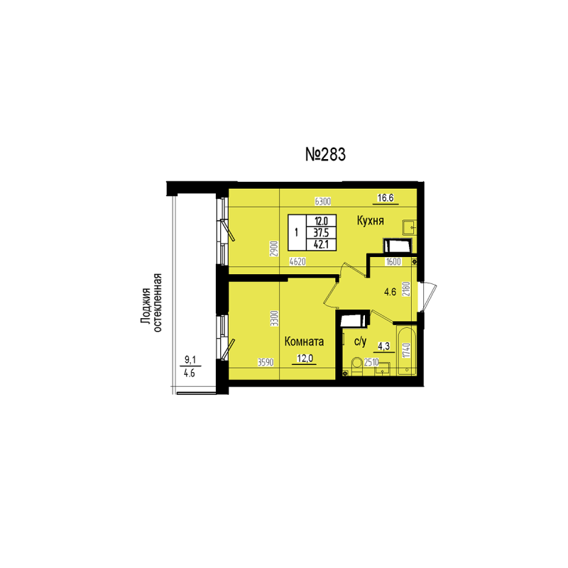 2-комнатная (Евро) квартира, 42.1 м² в ЖК "ПРАГМА СИТИ" - планировка, фото №1
