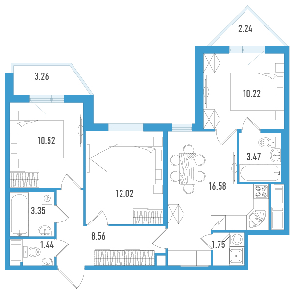 4-комнатная (Евро) квартира, 70.21 м² в ЖК "Мурино Клаб" - планировка, фото №1