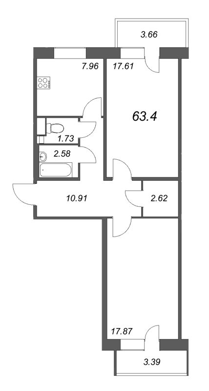2-комнатная квартира, 63.4 м² - планировка, фото №1