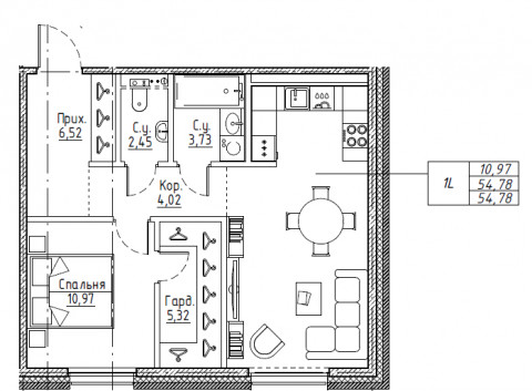 2-комнатная (Евро) квартира, 54.17 м² в ЖК "Большой Сампсониевский, 32" - планировка, фото №1