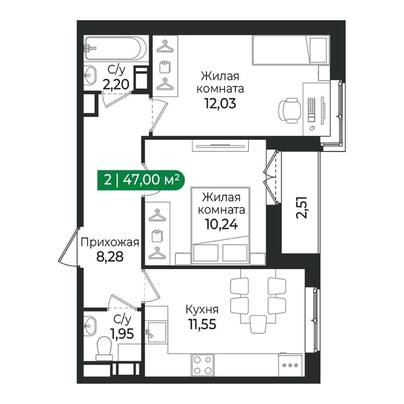 2-комнатная квартира, 47 м² в ЖК "Сертолово Парк" - планировка, фото №1