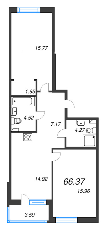 3-комнатная (Евро) квартира, 66.37 м² в ЖК "Энфилд" - планировка, фото №1