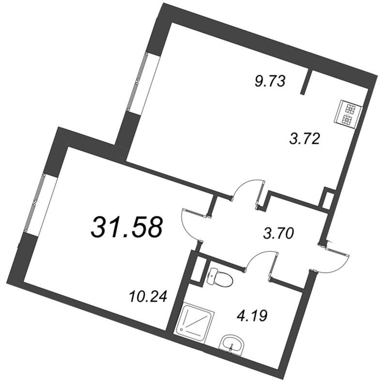 1-комнатная квартира, 31.58 м² - планировка, фото №1