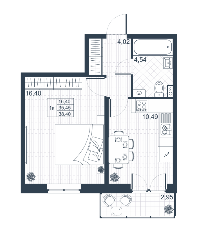1-комнатная квартира, 35.3 м² в ЖК "Ново-Антропшино" - планировка, фото №1