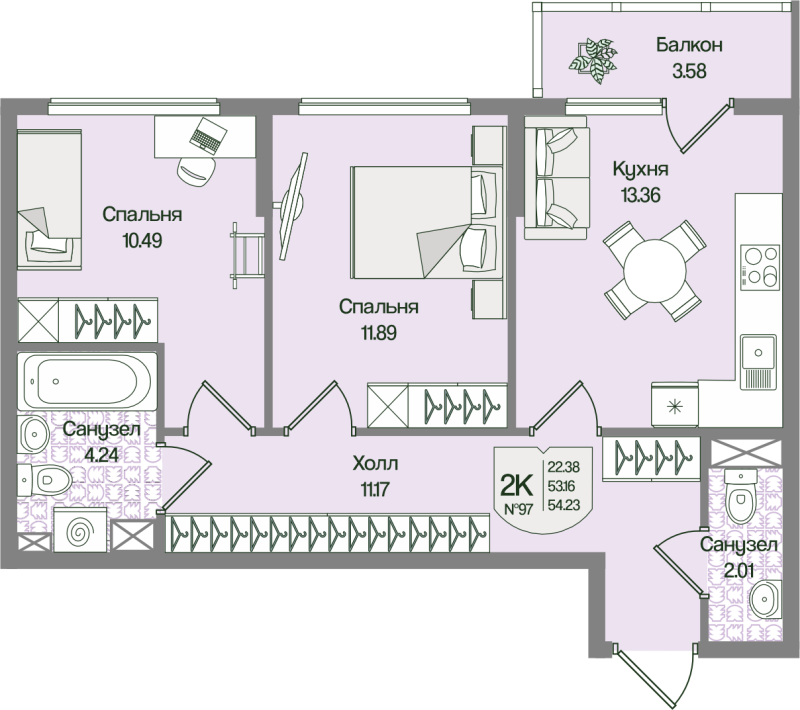 2-комнатная квартира, 54.23 м² в ЖК "Охтинские высоты" - планировка, фото №1