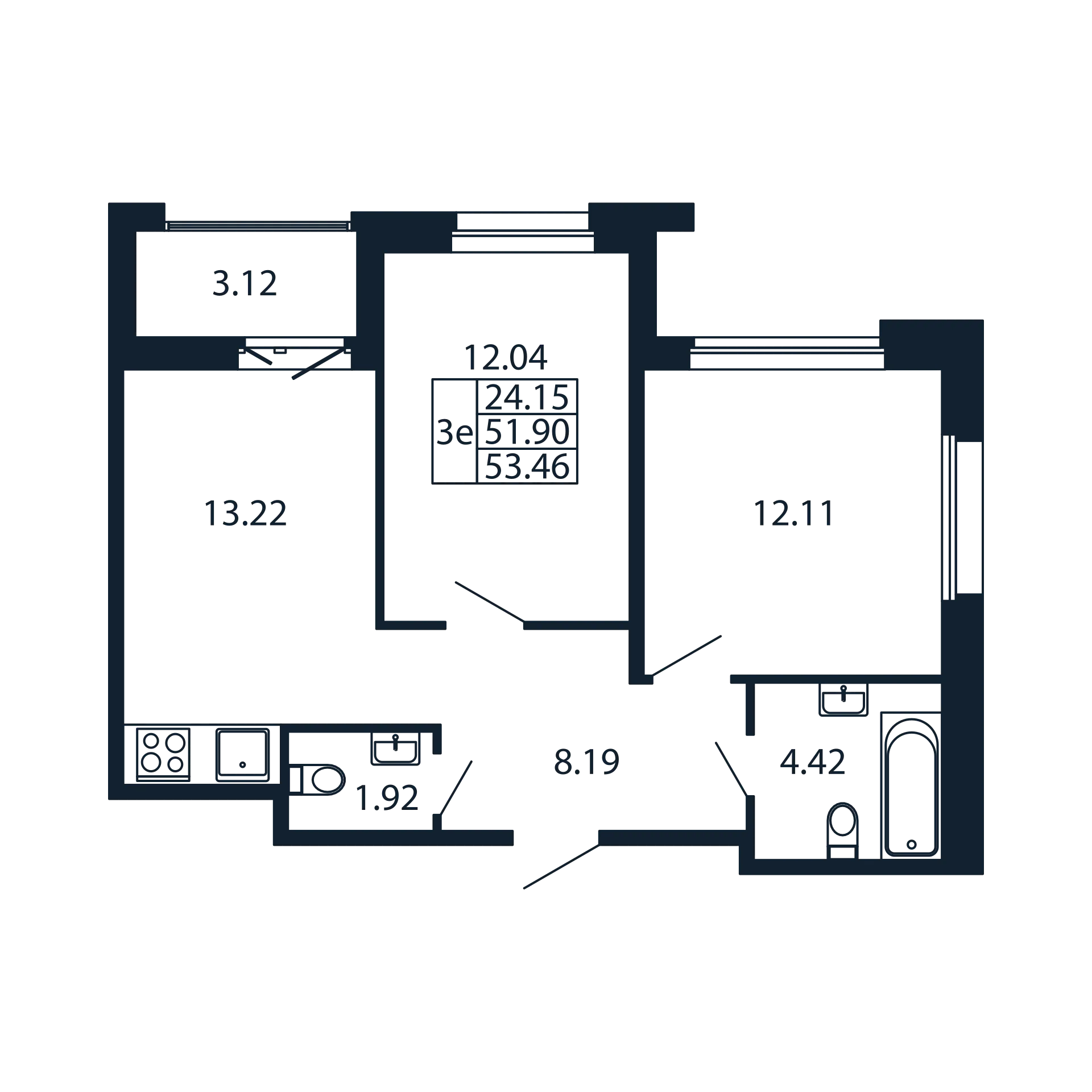 2-комнатная квартира, 51.9 м² - планировка, фото №1