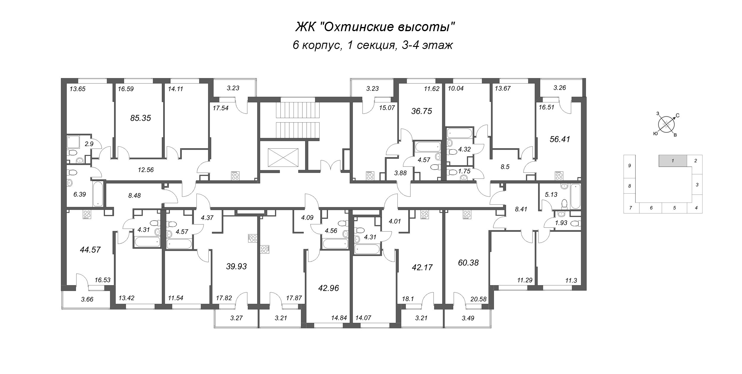 2-комнатная (Евро) квартира, 36.75 м² в ЖК "Охтинские высоты" - планировка этажа