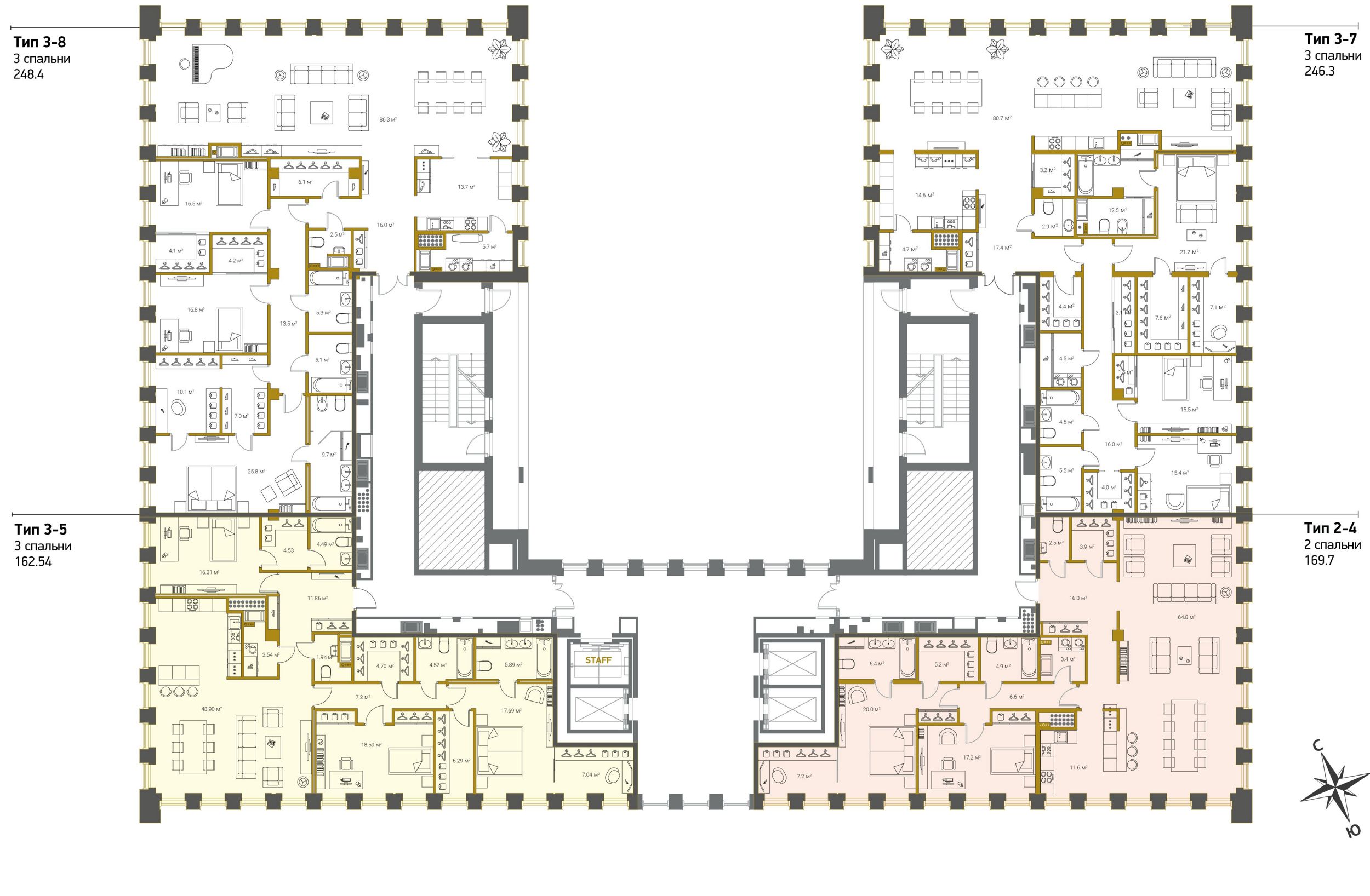 3-комнатная (Евро) квартира, 169.7 м² - планировка этажа
