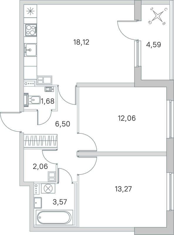 3-комнатная (Евро) квартира, 57.26 м² в ЖК "Любоград" - планировка, фото №1