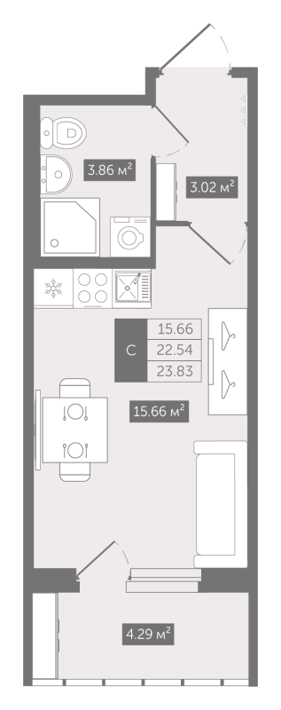 Квартира-студия, 23.83 м² в ЖК "Квартал «Воронцовский»" - планировка, фото №1