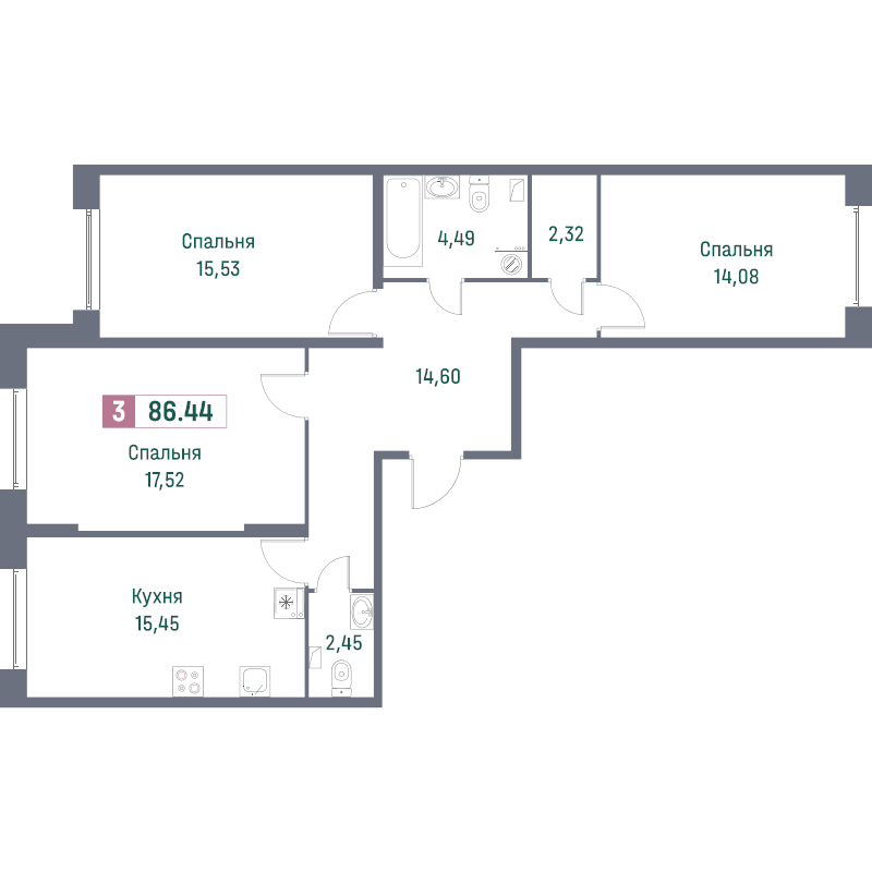 4-комнатная (Евро) квартира, 84.4 м² - планировка, фото №1