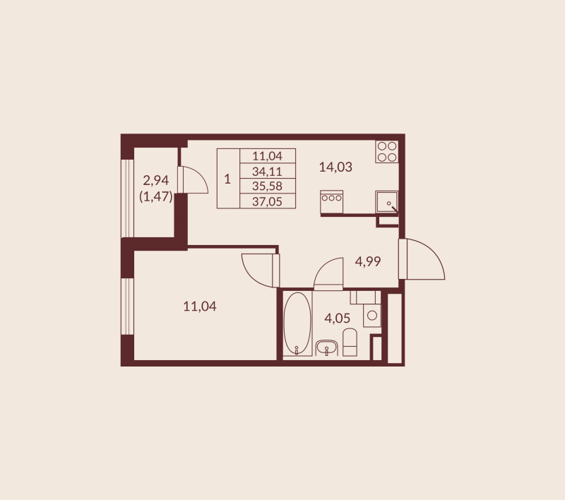 1-комнатная квартира, 35.58 м² в ЖК "Амурино" - планировка, фото №1