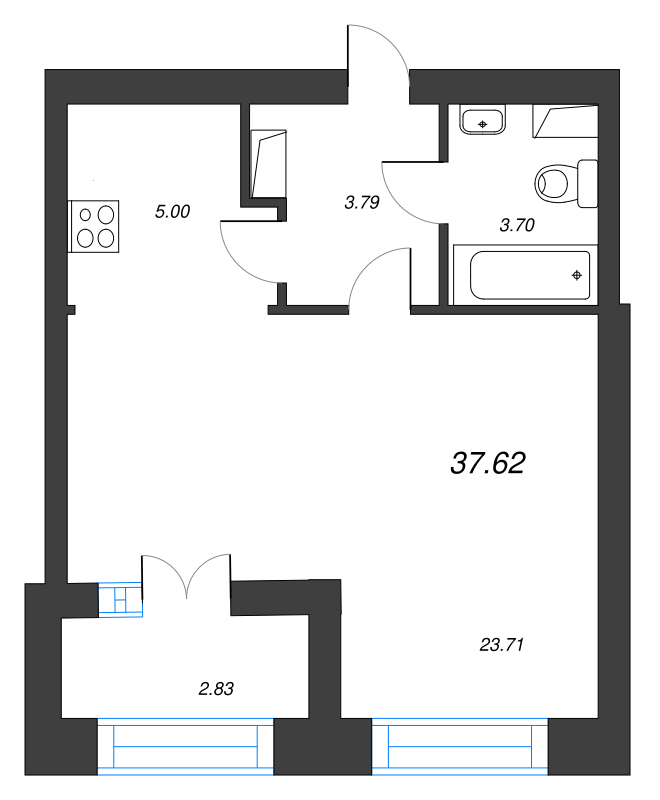 1-комнатная квартира, 39.3 м² - планировка, фото №1