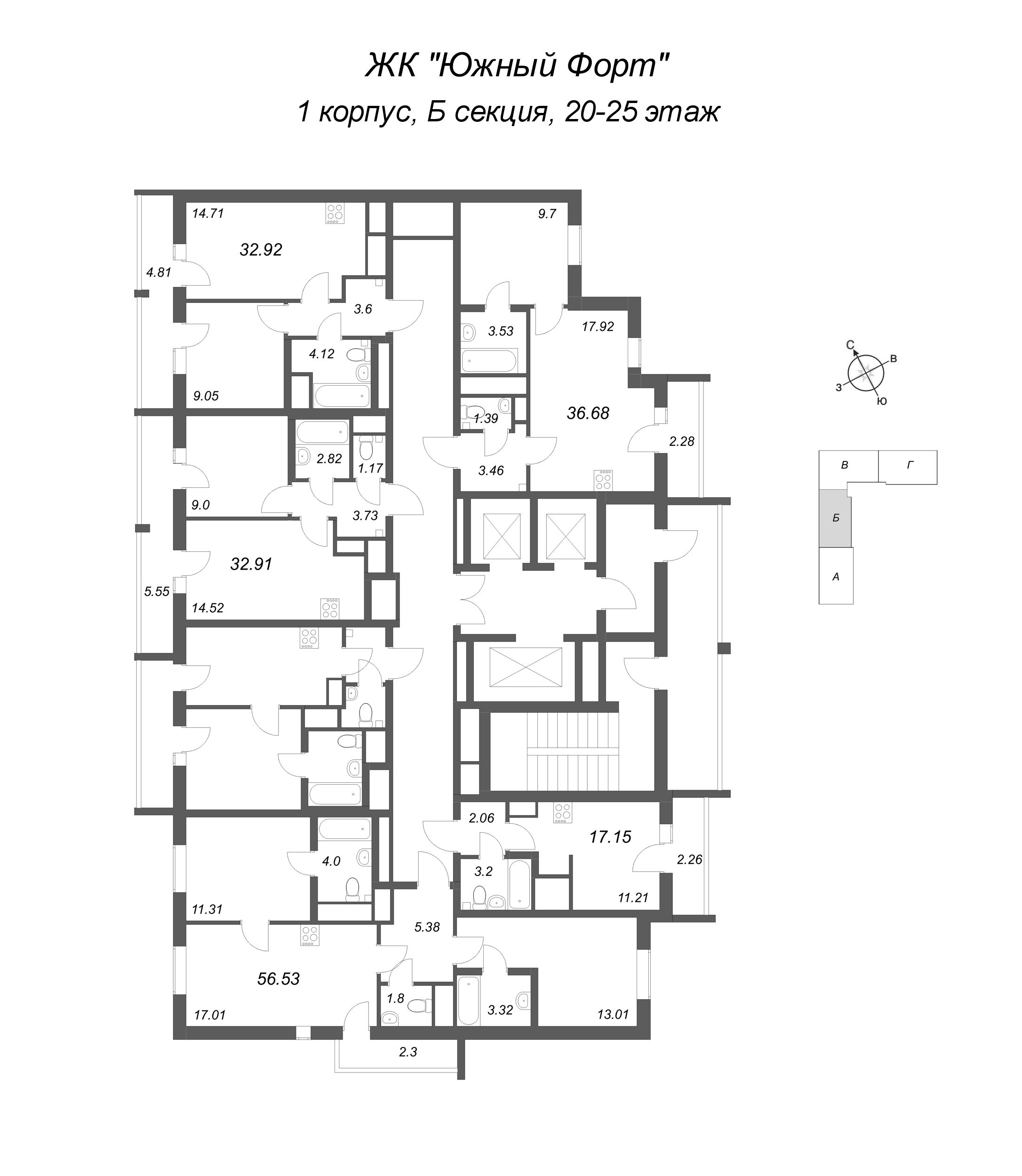 2-комнатная (Евро) квартира, 32.91 м² в ЖК "Южный форт" - планировка этажа
