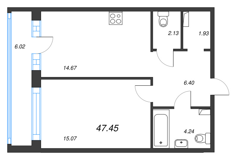 1-комнатная квартира, 47.45 м² в ЖК "Энфилд" - планировка, фото №1