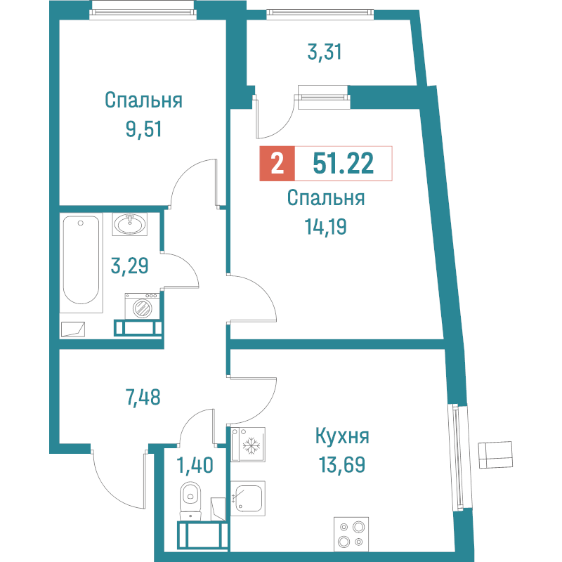 2-комнатная квартира, 51.22 м² - планировка, фото №1