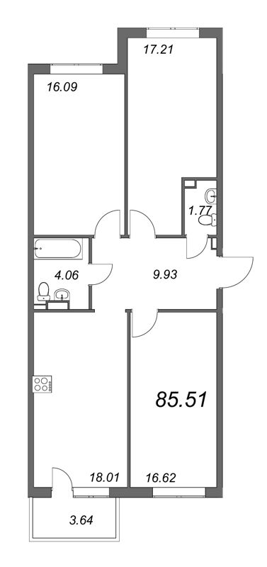 3-комнатная квартира, 87.1 м² - планировка, фото №1
