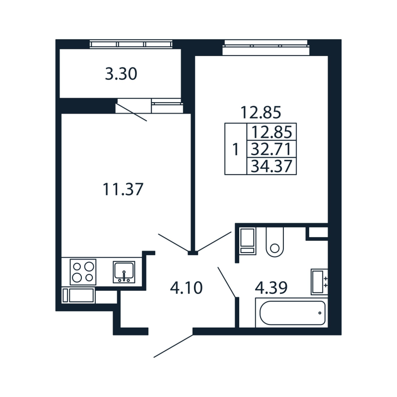 1-комнатная квартира, 32.71 м² - планировка, фото №1