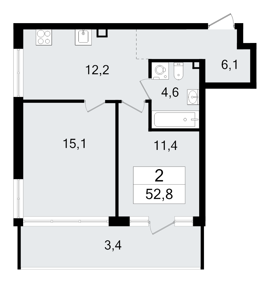 2-комнатная квартира, 52.8 м² - планировка, фото №1