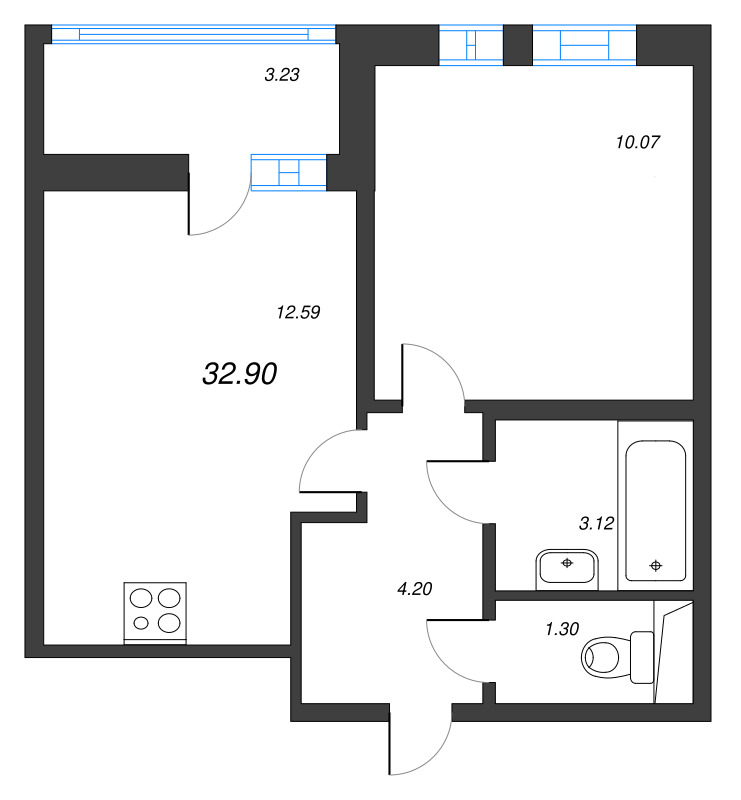 1-комнатная квартира, 32.9 м² в ЖК "Аэросити" - планировка, фото №1