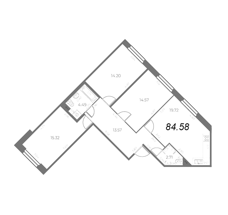 4-комнатная (Евро) квартира, 84.58 м² - планировка, фото №1