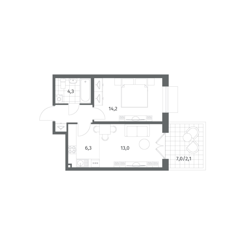 2-комнатная (Евро) квартира, 43.5 м² в ЖК "Парусная 1" - планировка, фото №1