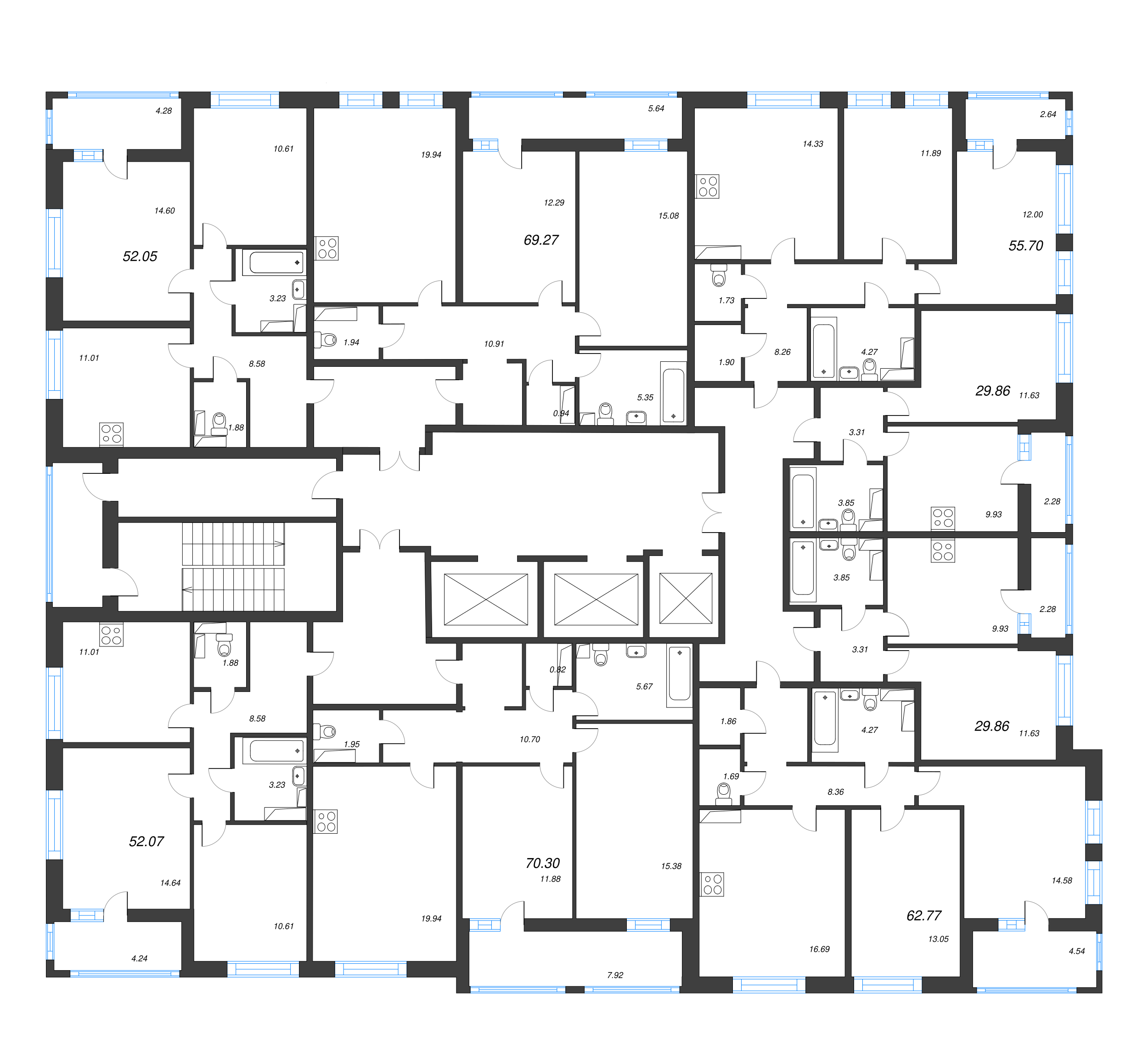 3-комнатная (Евро) квартира, 62.77 м² - планировка этажа