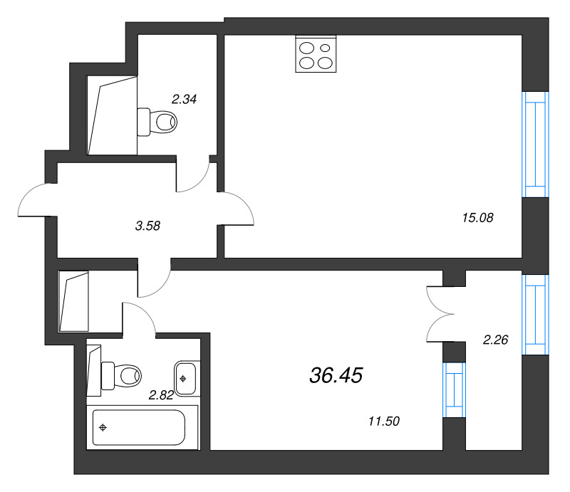 2-комнатная (Евро) квартира, 36.45 м² в ЖК "Цивилизация на неве" - планировка, фото №1