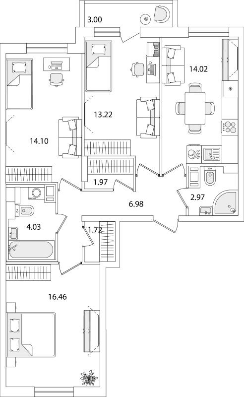 3-комнатная квартира, 76.97 м² - планировка, фото №1