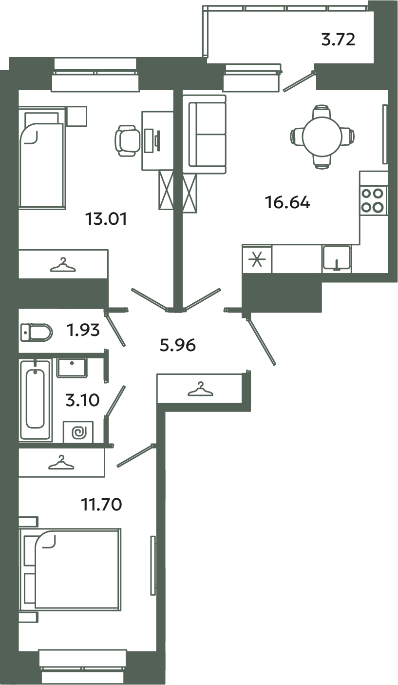3-комнатная (Евро) квартира, 54.2 м² в ЖК "Загляденье" - планировка, фото №1