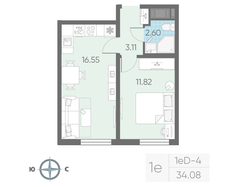2-комнатная (Евро) квартира, 34.08 м² в ЖК "Морская миля" - планировка, фото №1