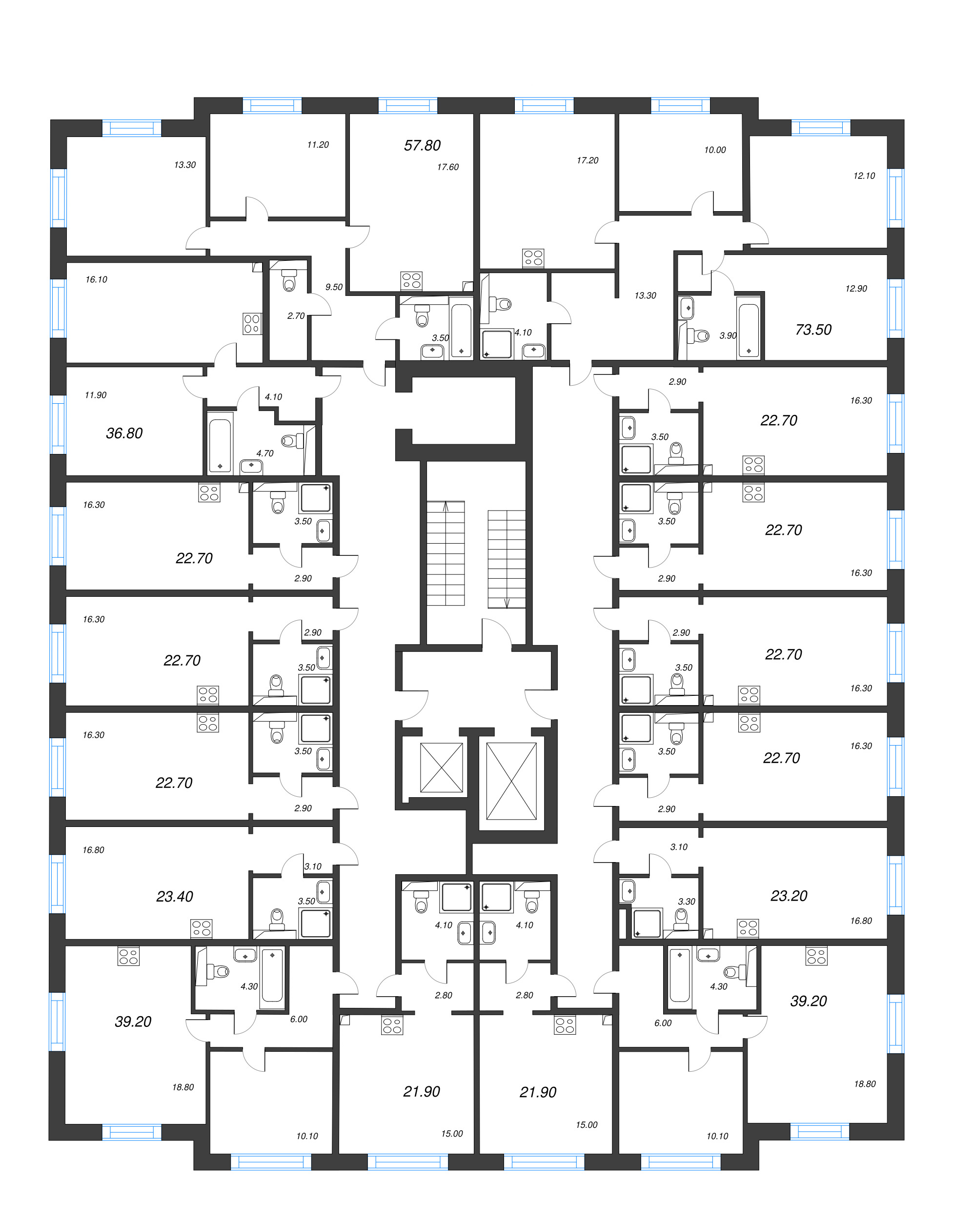 2-комнатная (Евро) квартира, 36.8 м² в ЖК "Большая Охта" - планировка этажа