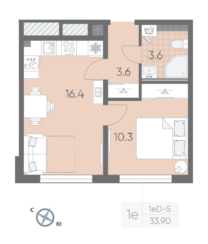 2-комнатная (Евро) квартира, 33.9 м² в ЖК "Пулково Лейк" - планировка, фото №1