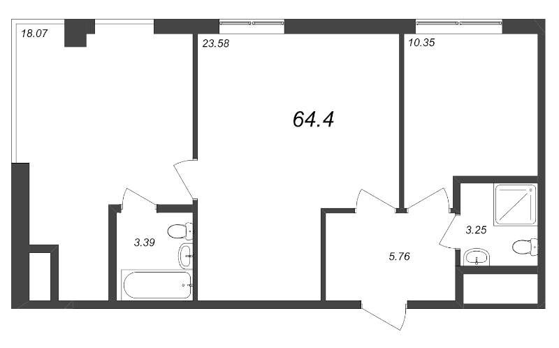 3-комнатная (Евро) квартира, 64.4 м² в ЖК "Zoom Черная речка" - планировка, фото №1