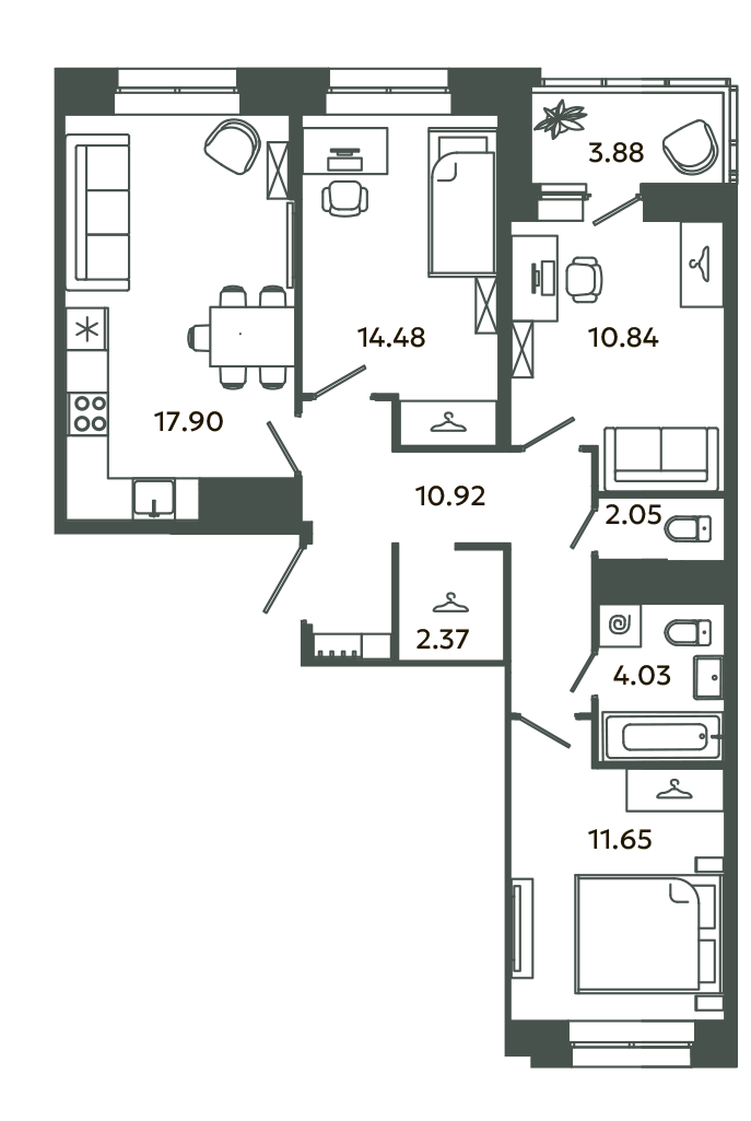 4-комнатная (Евро) квартира, 73.76 м² в ЖК "Загляденье" - планировка, фото №1
