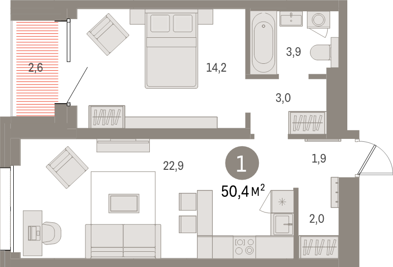 2-комнатная (Евро) квартира, 50.4 м² - планировка, фото №1