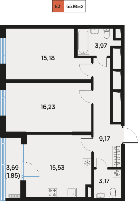 3-комнатная (Евро) квартира, 65.1 м² в ЖК "Дом Регенбоген" - планировка, фото №1