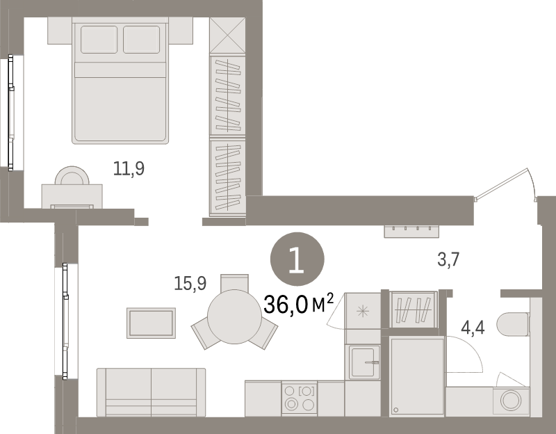 2-комнатная (Евро) квартира, 36 м² в ЖК "Брусника в Новоселье" - планировка, фото №1