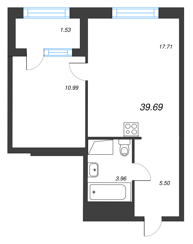 2-комнатная (Евро) квартира, 39.69 м² в ЖК "ORO by Akvilon" - планировка, фото №1