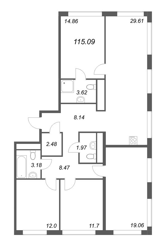 5-комнатная (Евро) квартира, 115.09 м² в ЖК "GloraX Василеостровский" - планировка, фото №1