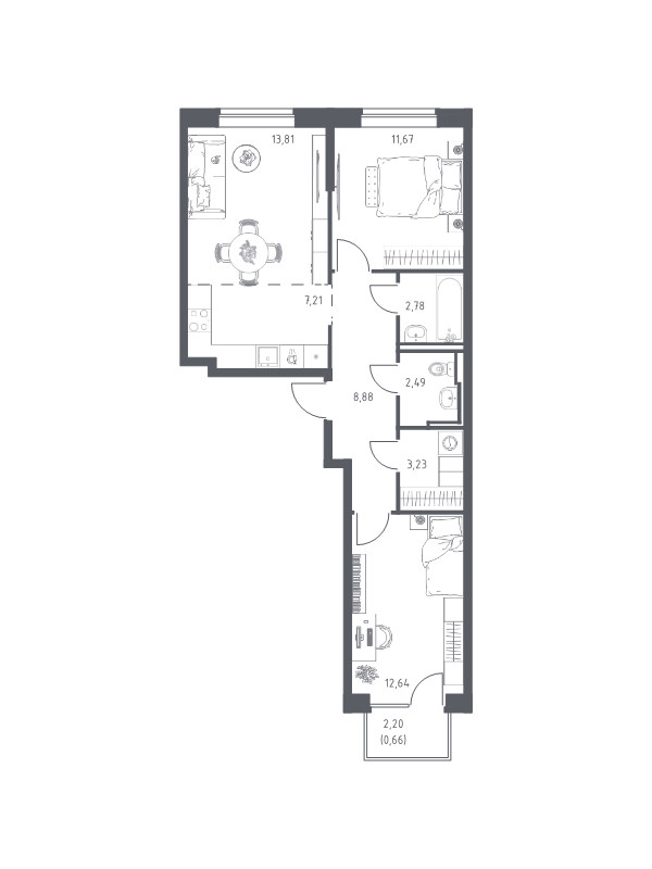 3-комнатная (Евро) квартира, 63.37 м² в ЖК "Живи! В Рыбацком" - планировка, фото №1